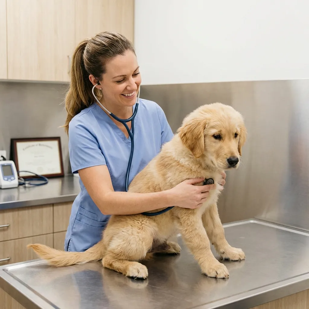 Veterinária examinando cão